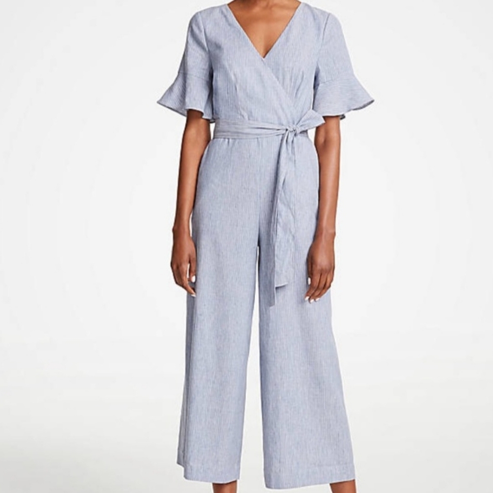 ANN TAYLOR Women's Linen Blend Jumpsuit Flutter Sleeve Wideleg Neutral Stripes 2